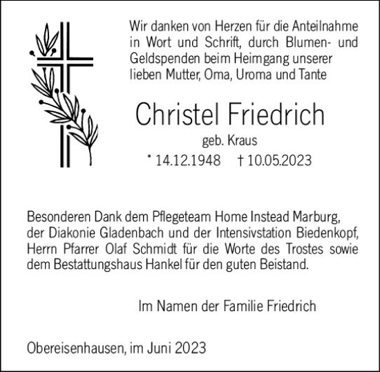 Traueranzeige von Christel Friedrich von Hinterländer Anzeiger