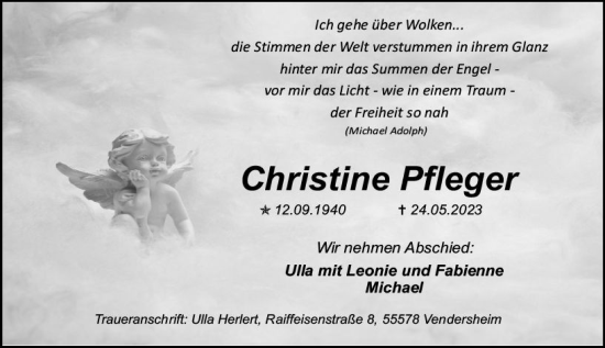 Traueranzeige von Christine Pfleger von Allgemeine Zeitung Mainz