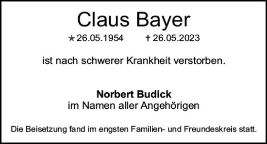 Traueranzeige von Claus Bayer von Allgemeine Zeitung Mainz