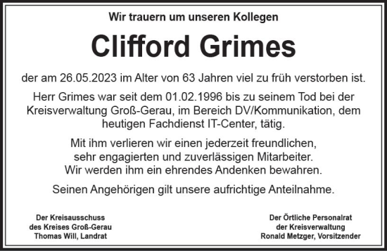Traueranzeige von Clifford Grimes von Groß-Gerauer Echo