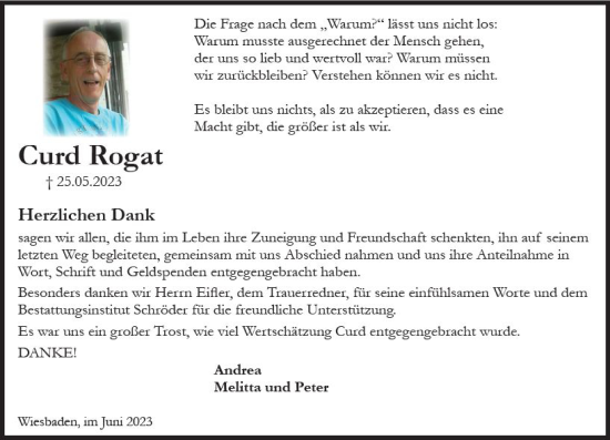 Traueranzeige von Curd Rogat von Wiesbadener Kurier