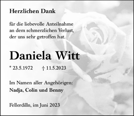 Traueranzeige von Daniela Witt von Dill Block
