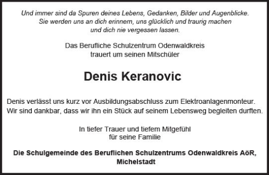 Traueranzeige von Denis Keranovic von Odenwälder Echo