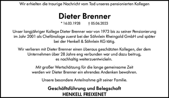 Traueranzeige von Dieter Brenner von Wiesbadener Kurier