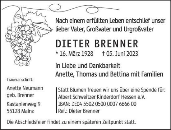 Traueranzeige von Dieter Brenner von Wiesbadener Kurier