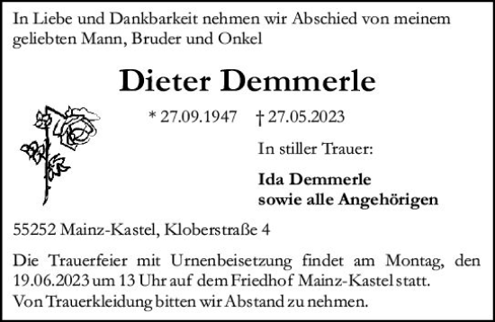 Traueranzeige von Dieter Demmerle von Allgemeine Zeitung Mainz