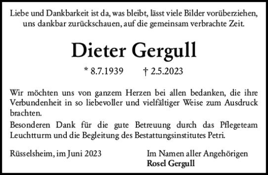 Traueranzeige von Dieter Gergull von Rüsselsheimer Echo
