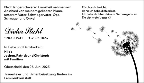 Traueranzeige von Dieter Stahl von Dill Block