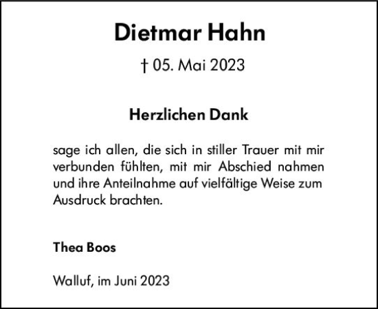 Traueranzeige von Dietmar Hahn von Wiesbadener Kurier