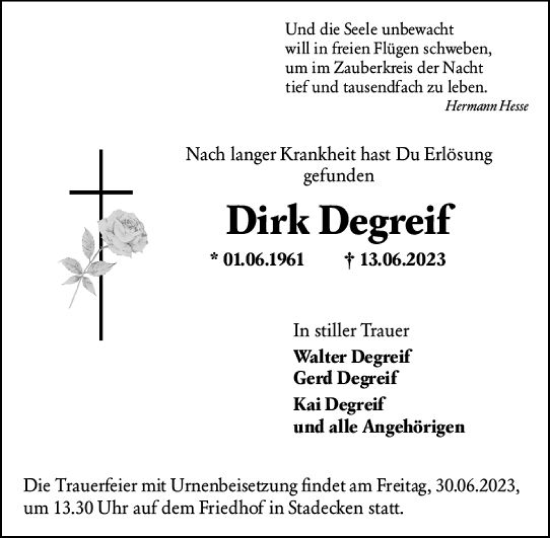 Traueranzeige von Dirk Degreif von Allgemeine Zeitung Mainz