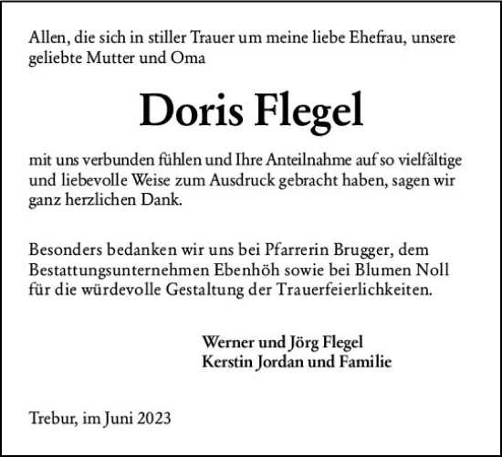 Traueranzeige von Doris Flegel von Rüsselsheimer Echo