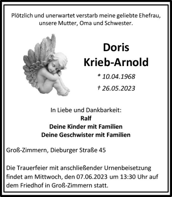 Traueranzeige von Doris Krieb-Arnold von Dieburger Anzeiger/Groß-Zimmerner Lokal-Anzeiger