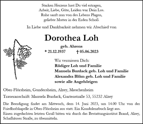 Traueranzeige von Dorothea Loh von Allgemeine Zeitung Alzey