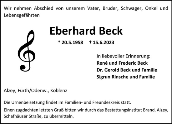Traueranzeige von Eberhard Beck von Allgemeine Zeitung Alzey