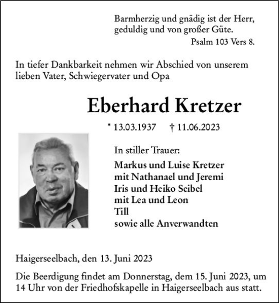 Traueranzeige von Eberhard Kretzer von Dill Block