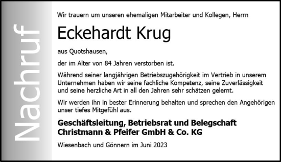 Traueranzeige von Eckehardt Krug von Hinterländer Anzeiger