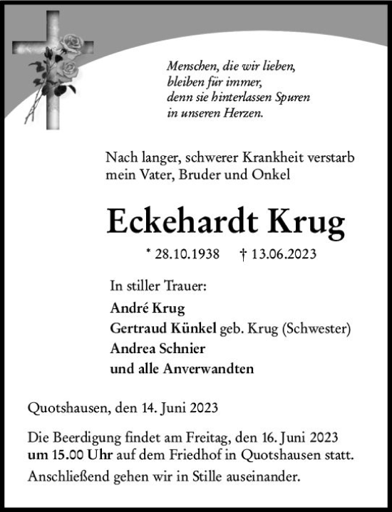 Traueranzeige von Eckehardt Krug von Hinterländer Anzeiger