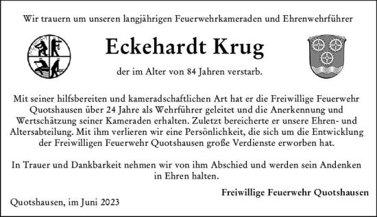 Traueranzeige von Eckehardt Krug von Hinterländer Anzeiger