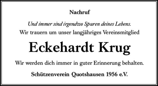Traueranzeige von Eckehardt Krug von Hinterländer Anzeiger