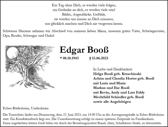 Traueranzeige von Edgar Booß von Allgemeine Zeitung Alzey