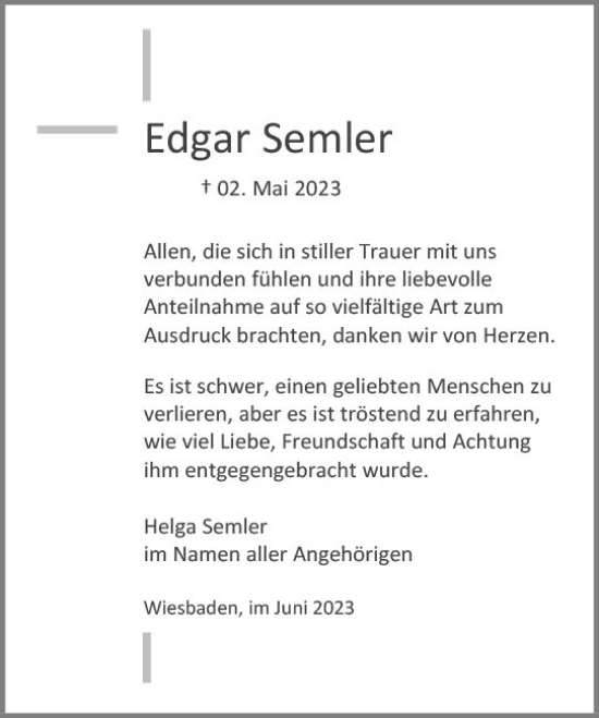 Traueranzeige von Edgar Semler von Wiesbadener Kurier
