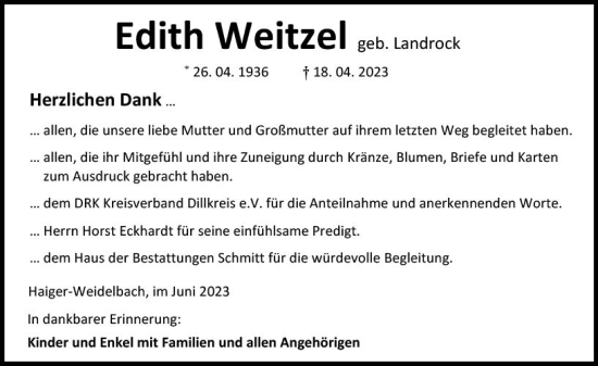 Traueranzeige von Edith Weitzel von Dill Block