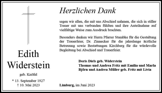 Traueranzeige von Edith Widerstein von Nassauische Neue Presse
