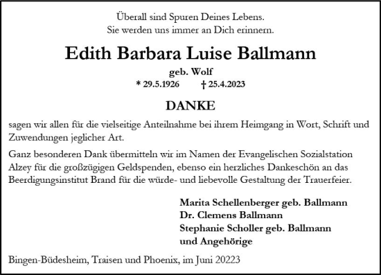 Traueranzeige von Edith Barbara Luise Ballmann von Allgemeine Zeitung Alzey