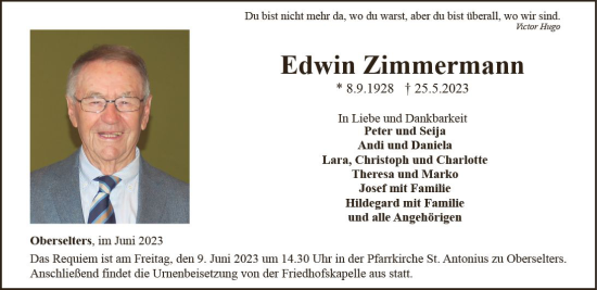 Traueranzeige von Edwin Zimmermann von Camberger Anzeiger