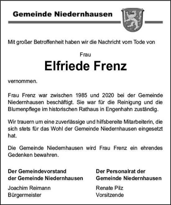 Traueranzeige von Elfriede Frenz von Idsteiner Land/Untertaunus