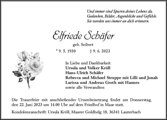 Traueranzeige von Elfriede Schäfer von VRM Trauer