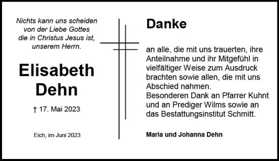 Traueranzeige von Elisabeth Dehn von Wormser Zeitung