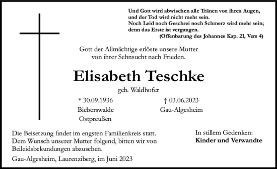 Traueranzeige von Elisabeth Teschke von Allgemeine Zeitung Bingen/Ingelheim