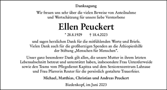 Traueranzeige von Ellen Peuckert von Hinterländer Anzeiger