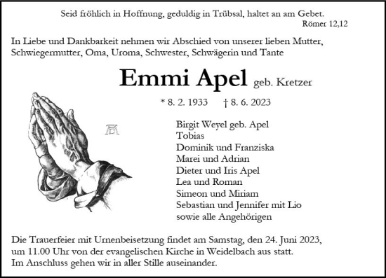 Traueranzeige von Emmi Apel von Dill Block