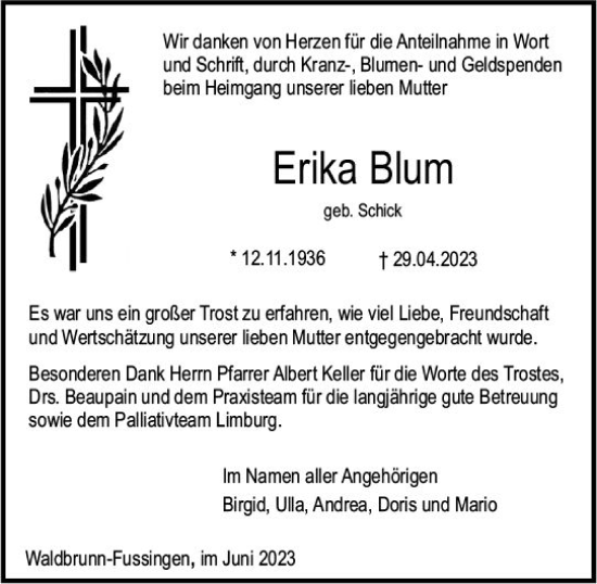 Traueranzeige von Erika Blum von Nassauische Neue Presse