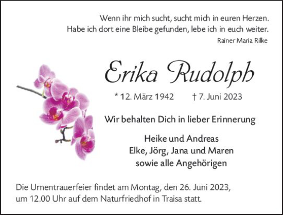 Traueranzeige von Erika Rudolph von Darmstädter Echo