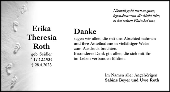 Traueranzeige von Erika Theresia Roth von Oberhessen Kurier