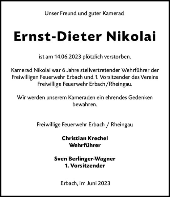 Traueranzeige von Ernst-Dieter Nikolai von Rheingau Kurier