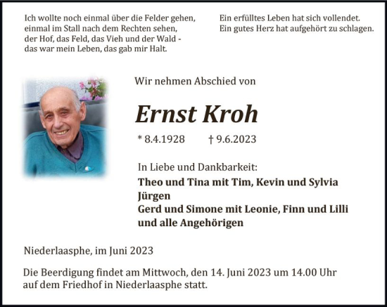 Traueranzeige von Ernst Kroh von Hinterländer Anzeiger