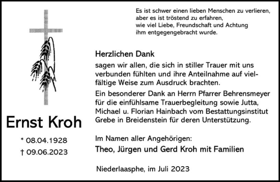 Traueranzeige von Ernst Kroh von Hinterländer Anzeiger