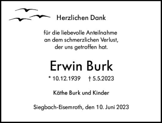 Traueranzeige von Erwin Burk von Dill Block