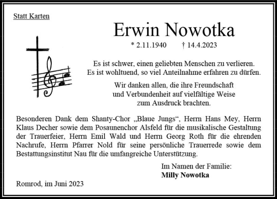 Traueranzeige von Erwin Nowotka von Oberhessen Kurier