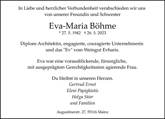 Traueranzeige von Eva-Maria Böhme von Allgemeine Zeitung Mainz