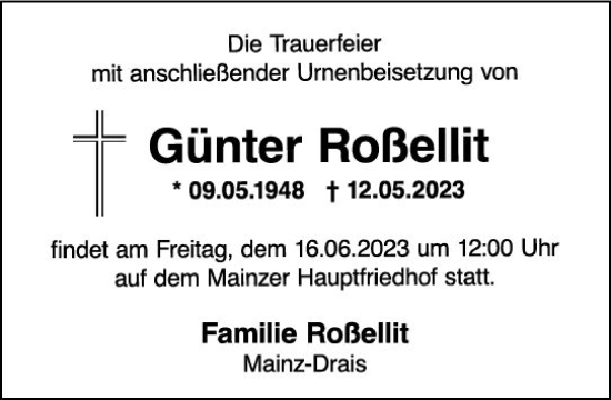 Traueranzeige von Familie Roßellit von Allgemeine Zeitung Mainz