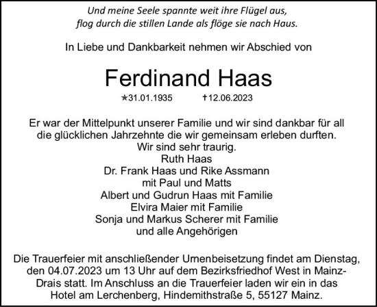 Traueranzeige von Ferdinand Haas von Allgemeine Zeitung Mainz