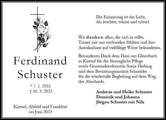 Traueranzeige von Ferdinand Schuster von Oberhessen Kurier