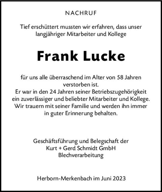 Traueranzeige von Frank Lucke von Dill Block