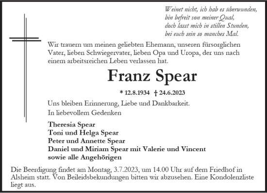 Traueranzeige von Franz Spear von Wormser Zeitung