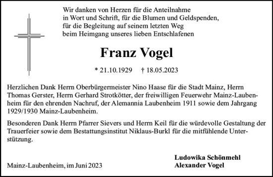 Traueranzeige von Franz Vogel von Allgemeine Zeitung Mainz
